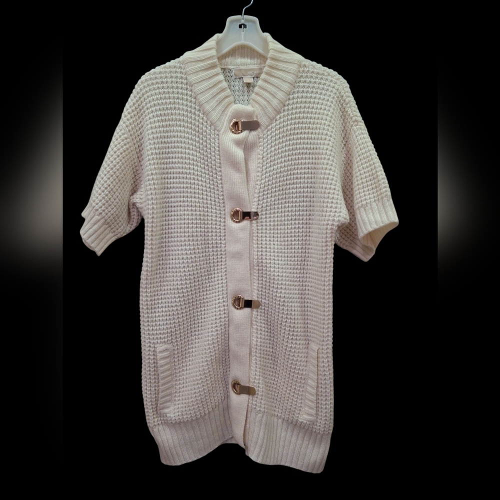 "MICHAEL KORS" Cream Short Sleeve Knit Midi Cardigan with Gold Buckles. Sz.L....